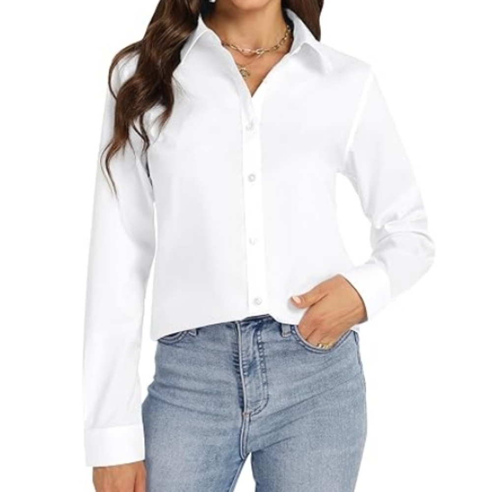 Button Down Long Sleeve Stretch Solid Work Shirt White